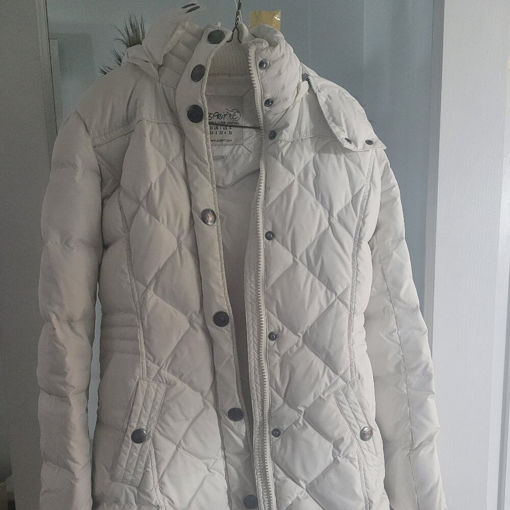 Espirit White Long Puffer Down Filled Ladies Winter Coat with Removable Hood